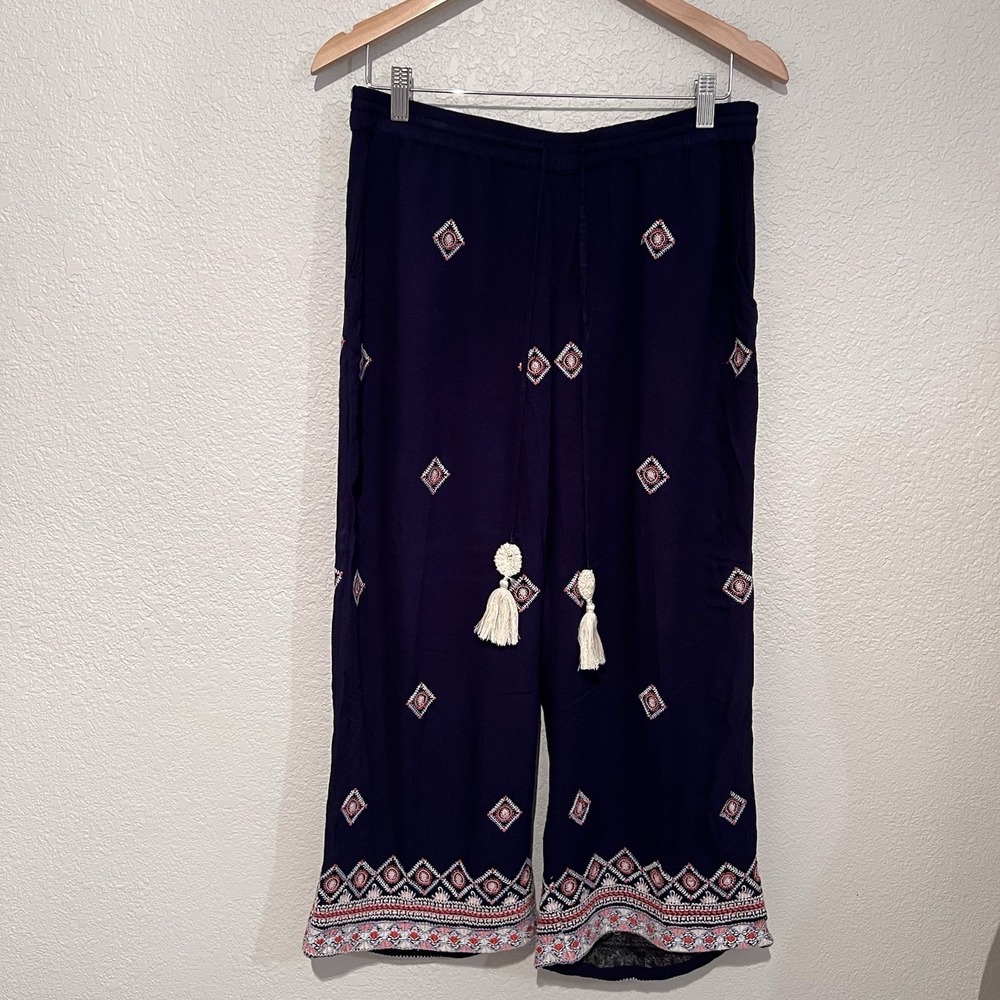 Sundance Niovi Wide-Leg Cropped Embroidered Boho Pants Navy Blue Size PM‎